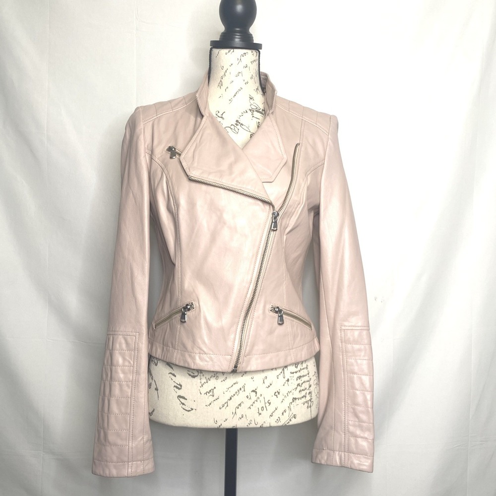 Kenna-T Womens Blush Pink Leather Moto Jacket‎ Asymmetric Zip Leopard Lining M
